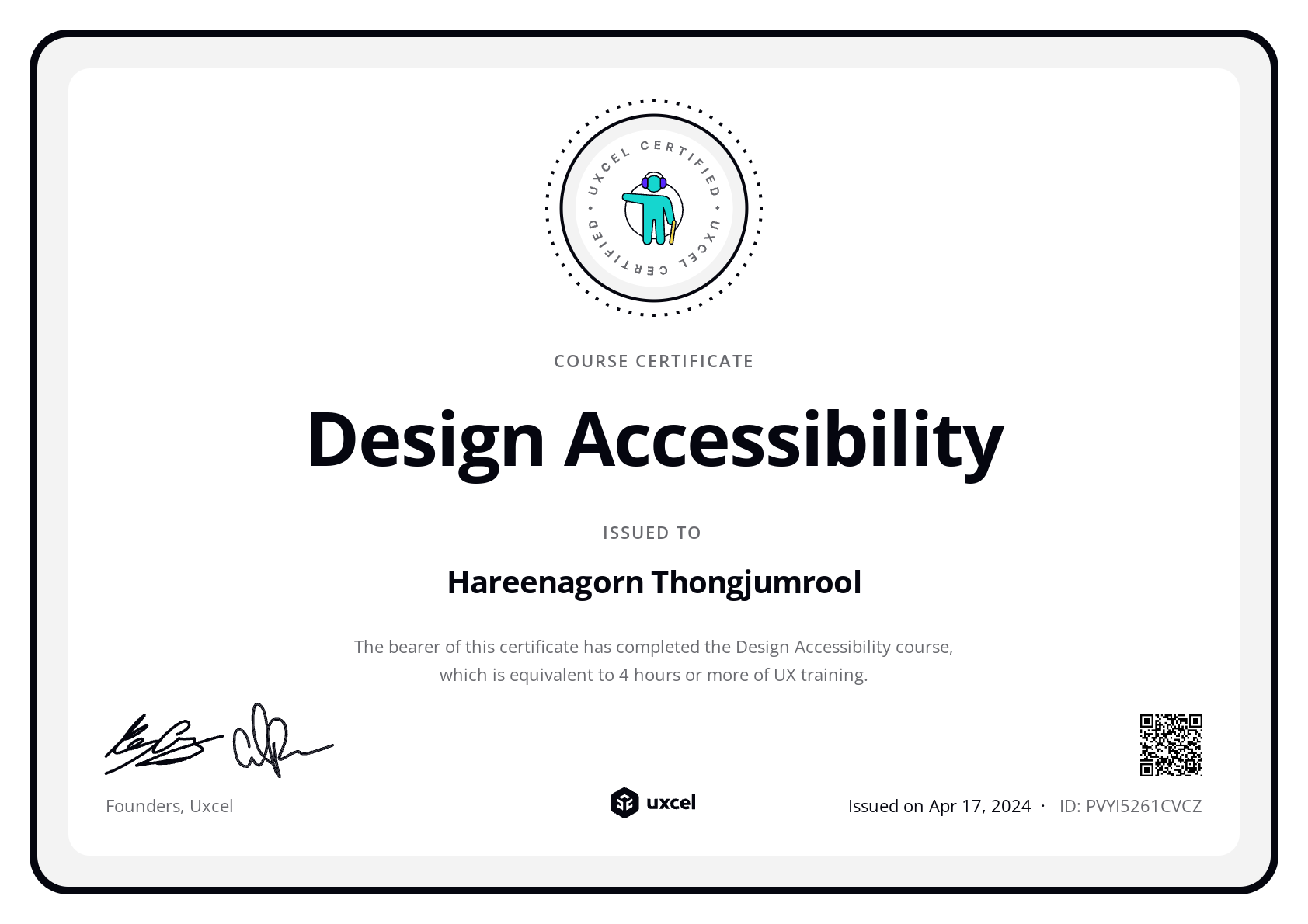 Hareenagorn Thongjumrool's certificate